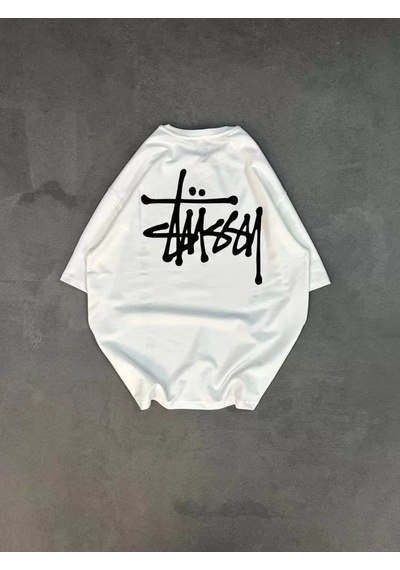 Unisex Günlük Stil Beyaz Minimal Geometrik Çizgili Oversize Tişör
