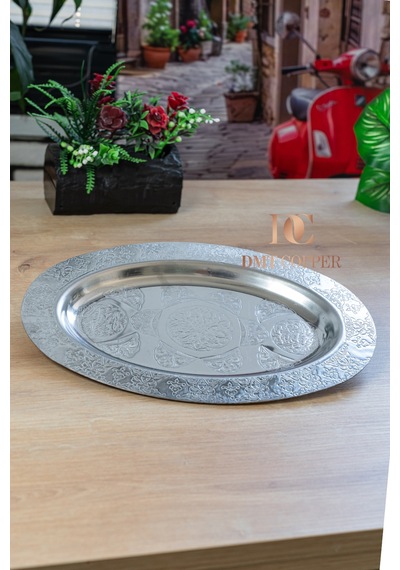 430 Kalite Krom Çelik Nakışlı Kayık 1adet Sunum Tabağı 30x20 Cm Gümüş