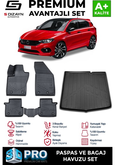 S-dizayn Fiat Egea Hb 3d Pro Havuzlu Paspas Ve Bagaj Havuzu Seti 2'li Set 2015 Üzeri A+ Kalite