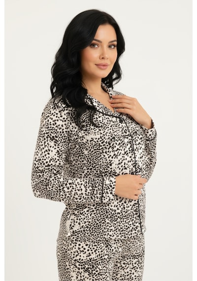 Bravie Luxury Viscose Siyah Beyaz Dalmaçya Desenli Kadın Uzun Kollu Büyük Beden Pijama Takımı 42533 LEOPAR
