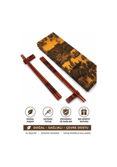 Valkyrie Doğal Ahşap Yemek Çubuğu Seti 2 Çift Ejderha Desenli Çubuk Tutacaklı Kutulu 22,9 Cm Chopstick Seti