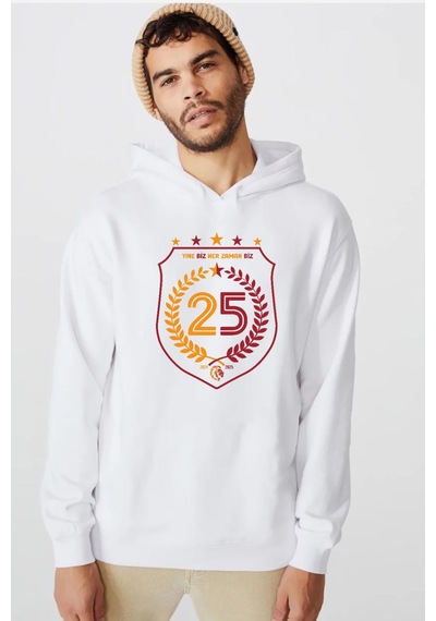 25 Şampiyonluk Yine Biz Beyaz Erkek 3ip Kapşonlu Sweatshirt Beyaz