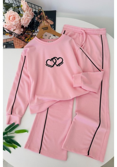 Minigimin Cicileri Two Hearts Şerit Detaylı Kız Çocuk Eşofman Takımı - Pembe