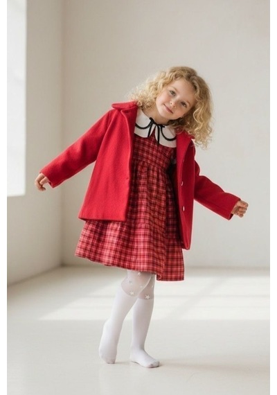 Mnk Baby & Kids Kaşe Ceketli Kız Çocuk Ekose Kumaş Nakış Yaka Elbise M00796 Kırmızı