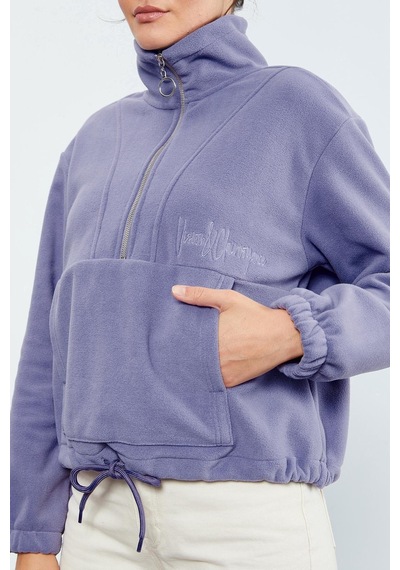 Tommy Life Açık Eflatun Yarım Fermuar Etek Ucu Büzgülü Kadın Polar Oversize Sweatshirt - 97171 Eflatun