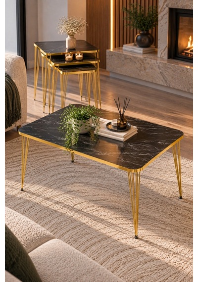 Sulorahome Ceviz Desenli Gold Metal Ayaklı 4'lü Sehpa Seti Altın - Kahverengi