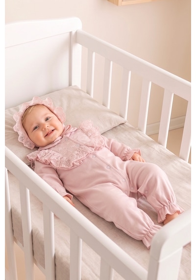 Babymod Güpürlü Şapkalı Bebe Yakalı 100% Pamuk Kız Bebek Tulum Gülkurusu