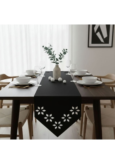 1 Adet Deri Runner-40x140 Cm-çiçek Desenli Runner Siyah