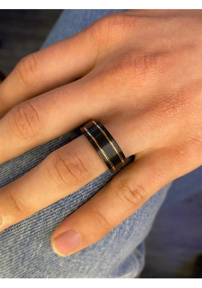 Erkek Tungsten Çift Bakır Çizgi Detay Yüzük Rose Gold Erkek Tungsten Çift Bakır Çizgi Detay Yüzük Rose Gold