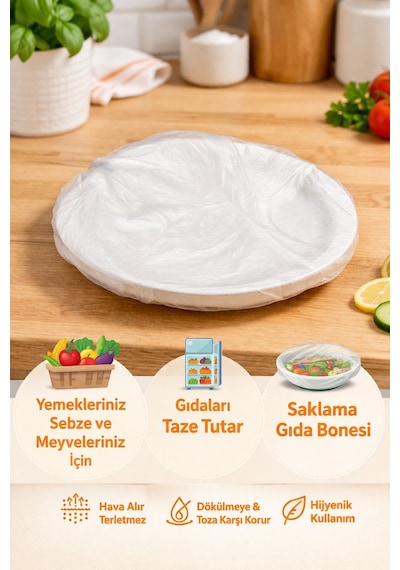 Esnature Streç Lastikli Buzdolabı Poşeti Tabak Tencere Gıda Saklama Bonesi 50 Adet Pratik Koruyucu