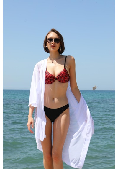 Modi Moda Çizgi Kadın Kimono Pareo Plaj Elbisesi Beyaz 38049