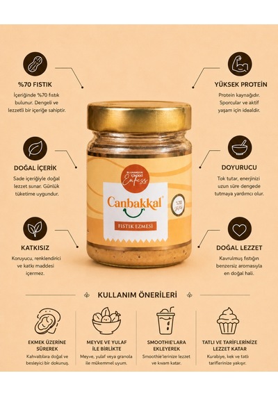 Canbakkal %70 Fıstıklı Fıstık Ezmesi 300 G Şekersiz & Katkısız Doğal Fıstık Ezmesi