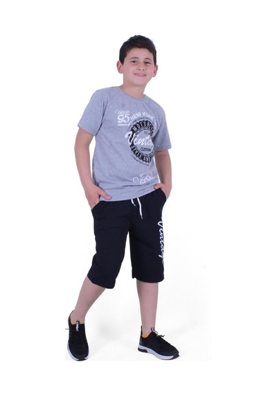 Fyk Kids Custom Yazı Baskılı Erkek Çocuk Yazlık Takım Melanj Gri