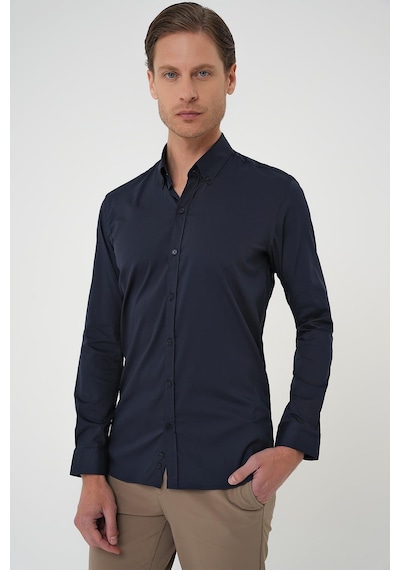 Efor Slim Fit Düğmeli Yaka Esnek Pamuk Klasik Lacivert Gömlek Gk 727 Lacivert