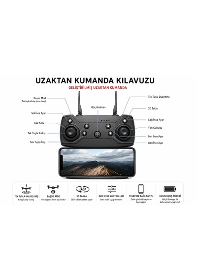 E88pro-e99pro 2.4ghz Katlanbilir Drone 720p Sabit Kalabilme Telefon Tutuculu Kumanda Tek Tuş İniş Kalkış