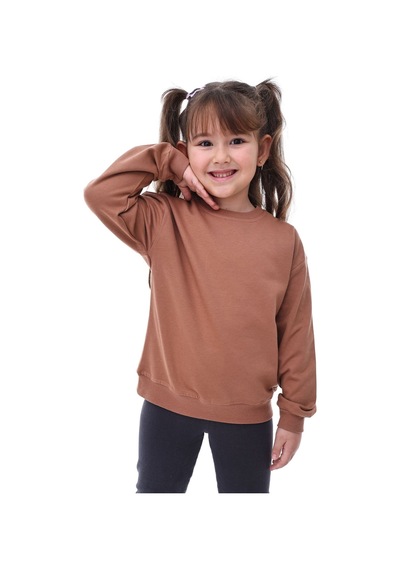 Basic Bisiklet Yaka Şardonlu Çocuk Sweatshirt 3-10 Yaş Krem Kahverengi