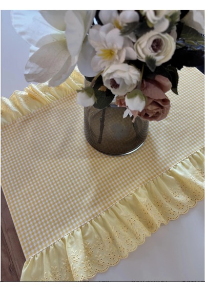 Fırfırlı Fistolu Vintage Duck Keten Oval Runner 40x65 Cm Sarı