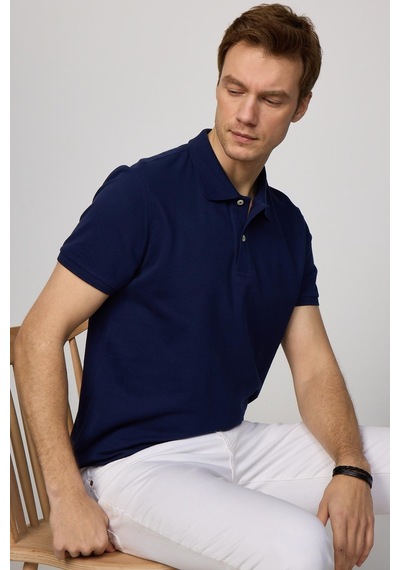 Tudors Erkek Slim Fit Dar Kesim %100 Pamuk Düz Pike Lacivert Polo Yaka Tişört-30496-lacivert Lacivert