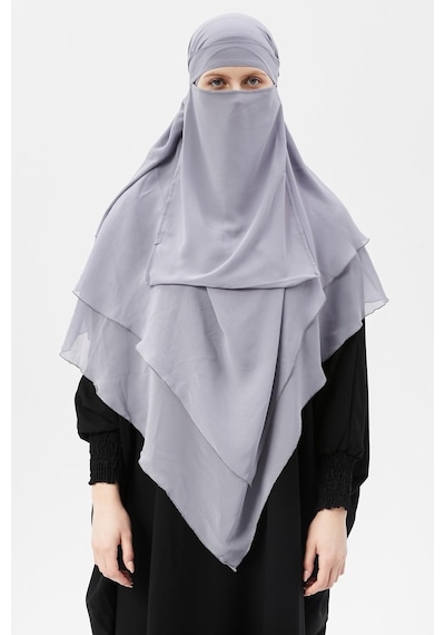 Altobeh Hazır Pratik Şifon Üç Katlı Peçeli Üçgen Hac Umre Şalı Sufle Hijab Nikap Gri