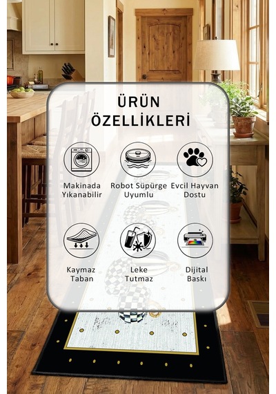 Yıkanabilir Mutfak Halısı 4 Siyah - Gold