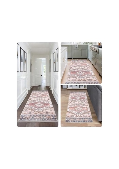 Mae Makinede Yıkanabilir Tribal Motif Yolluk Halı, 2&apos 6" X 12&apos , Şeftali 50 x 22