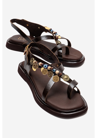 Luvishoes Hush Kahverengi Hakiki Deri Boncuklu Kadın Parmak Arası Sandalet