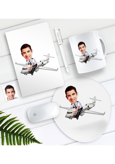 Kişiye Özel Bay Kaptan Pilot Karikatürlü Defter Kalem Kupa Mouse