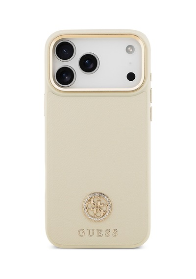 Apple Uyumlu iPhone 17 Pro Max Kılıf Guess Lisanslı M-safeli Grained Yazı Ve Taşlı 4g Logolu Kapak Bej Bej