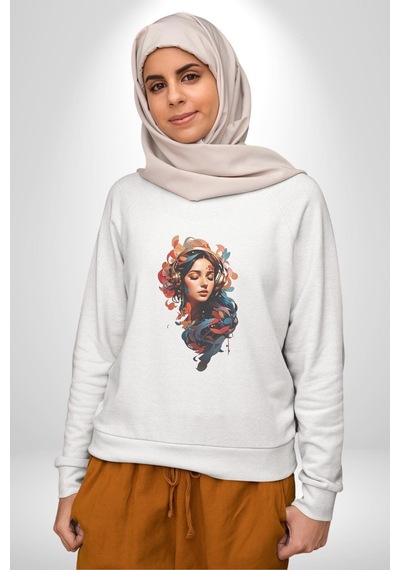 Müzik Dinleyen Kulaklık Yaprak Saçlı Renkli Unisex Beyaz Baskılı Sweatshirt Beyaz