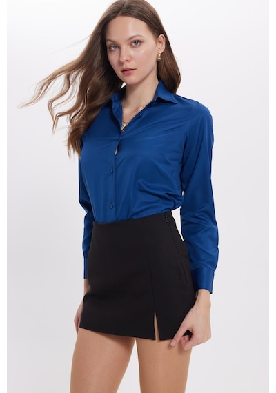 Tudors Kadın Slim Fit Dar Kesim Vücuda Oturan Uzun Kollu Lacivert Basic Gömlek-38823