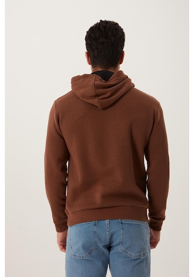 Polostate Erkek Kapüşonlu Kanguru Cep 3 İplik Sweatshirt Kahverengi