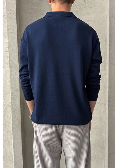 Erkek Pamuklu Polo Yaka Oversize Triko Kazak Lacivert
