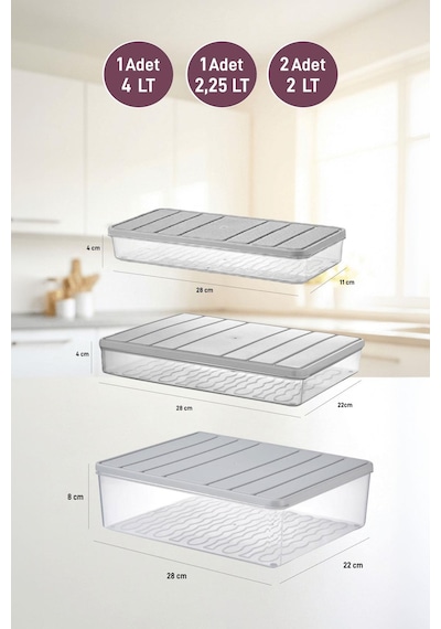 Selka Home 4'lü Set Nora Organizer Buzdolabı  Buzluk Düzenleyici Saklama  Kabı( 1 Ad. 4 Lt. 1 Ad. 2,25 Lt. 2 Ad. 1 Lt. )