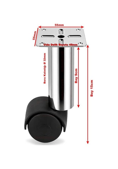 4 Adet 15cm Çap 32mm Metal Gövdeli Plastik Tekerlekli Mobilya Sehpa Ayağı Krom