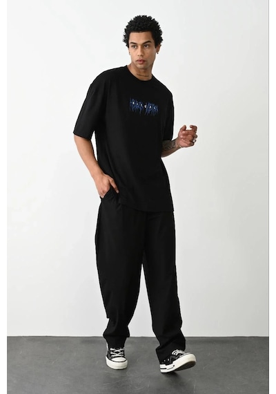 Assema Erkek Baskılı Oversize Kısa Kol T-shirt - Siyah Çok Renkli