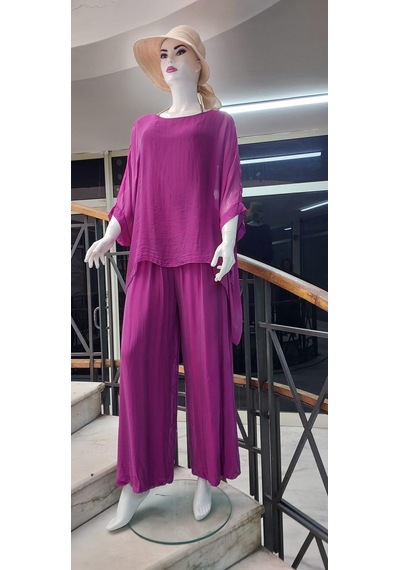 Bohem Stil İtalyan Yarasa Kol İpek Bluz & Pantolon Takım-8767 Fuşya