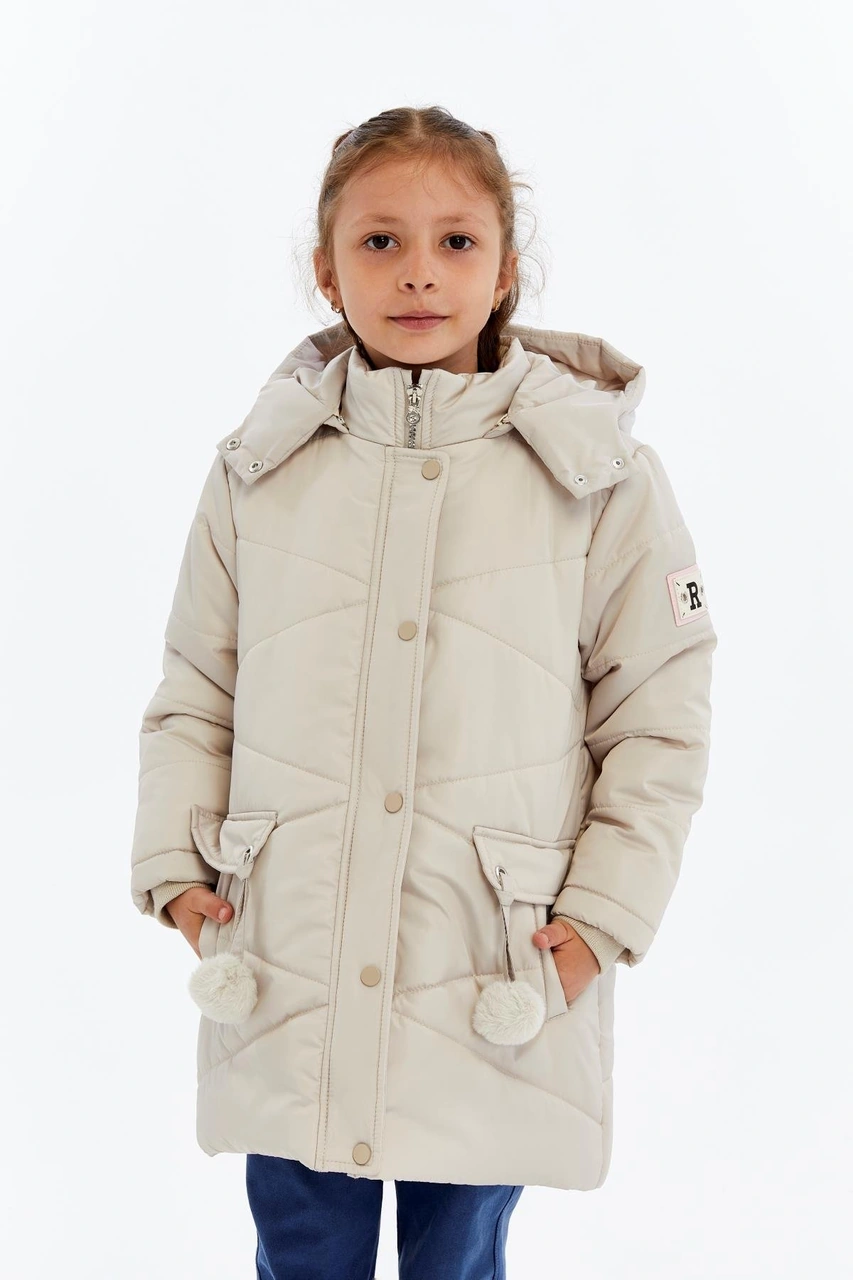 Benitto Kids Kapüşonlu Kışlık Ponpon Detaylı Kız Çocuk Kaban 51354 Ekru