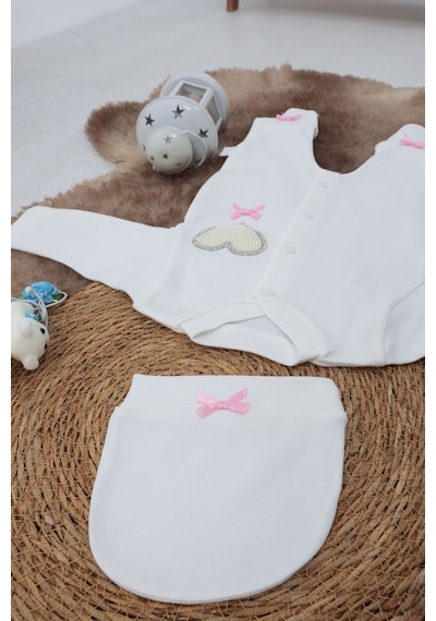 Sema Baby Pamuklu Bebek Tulum Seti 6-9 Ay - Love Beyaz
