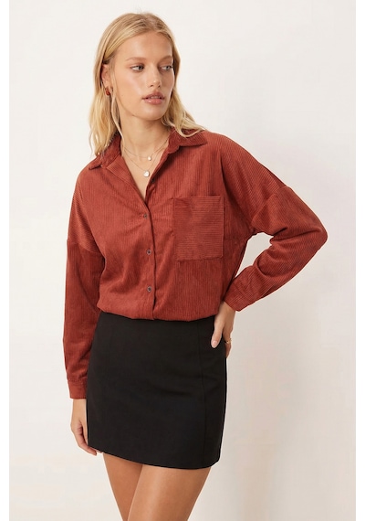 Armonika Kadın Koyu Kiremit Cepli Oversize İnce Fitilli Kadife Gömlek Arm-24k001076 Armonika Kadın Koyu Kiremit Cepli Oversize İnce Fitilli Kadife Gömlek Arm-24k001076