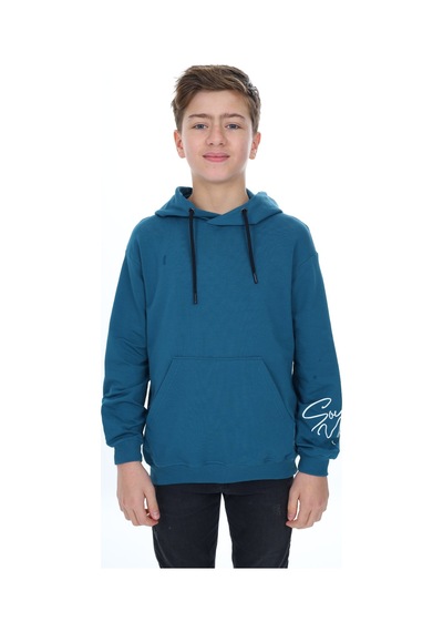 Toontoy Kids Toontoy Erkek Çocuk Oversize Kapüşonlu Cepli Düşük Omuz Baskılı Sweatshirt - 2 İplik Petrol Mavi