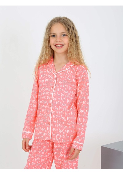 Düğmeli Kız Uzun Kollu 'hoho' Model Pijama Takımı Pembe