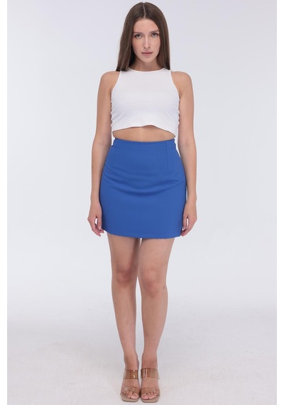 Selectmoda Kadın Gizli Fermuarlı Çok Renkli Mini Etek Mavi