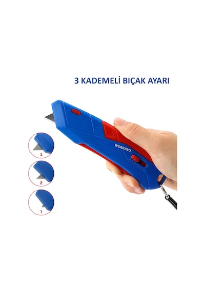 Workpro Wp213010 Kemer Askı Kancalı Otomatik Geri Çekilebilir Mandallı Rötuş Maket Bıçağı + 3 Adet Y