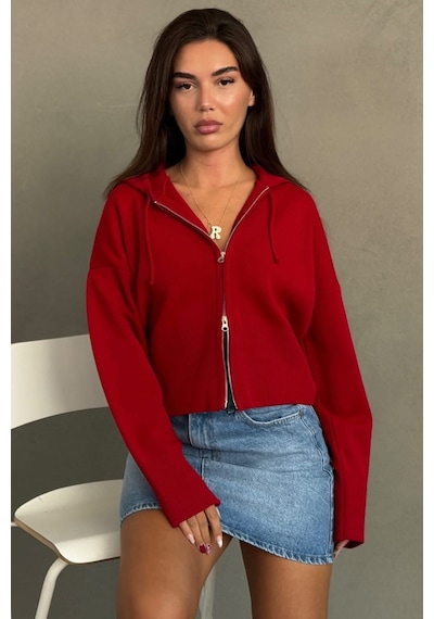 Madmext Kırmızı Kapüşonlu Çift Fermuarlı Kadın Triko Hırka Mg2893