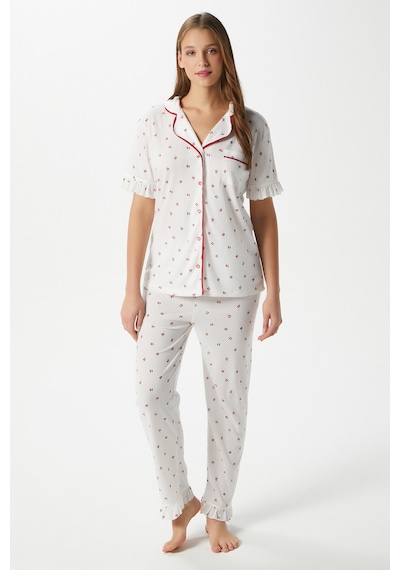 Ritnice Kadın Fırfırlı Kiraz Ön Düğmeli Kısa Kol Alt Üst Pijama Takımı Ekrukırmızı Çok Renkli
