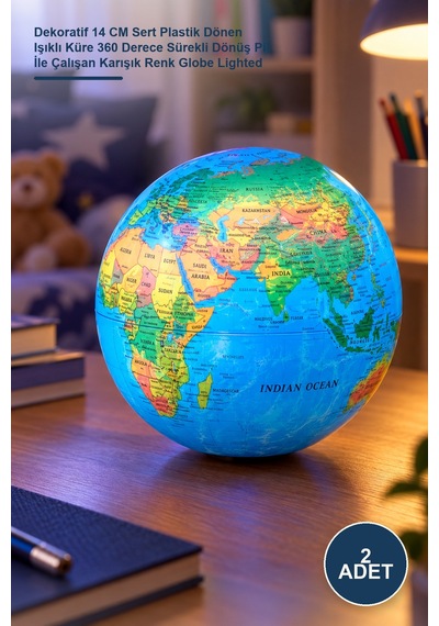 2 Adet Işıklı Dünya Dekoratif 14 Cm Sert Plastik Dönen Işıklı Küre 360 Derece Sürekli Dönüş Pil İle Çalışan Karışık Renk Globe Lighted