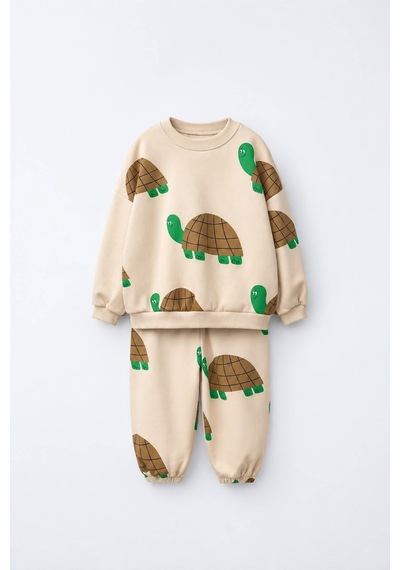 Magu Çocuk Oversize Kaplumbağa Desenli Bej Sweatshirt Ve Eşofman Altı Takımı Çok Renkli