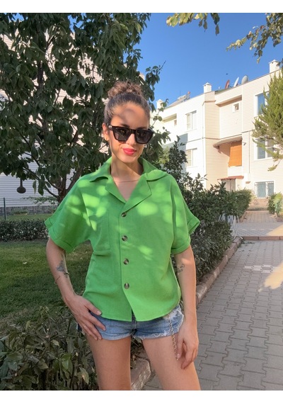 Ali Butik Yeşil Yarasa Kol Keten Gömlek