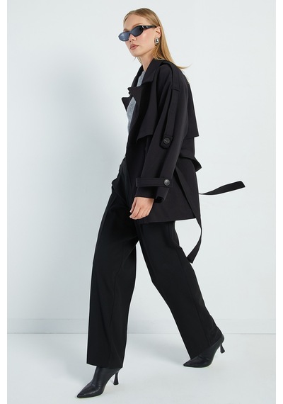 Fullamoda Beli Kemerli Kruvaze Yaka Oversize Trençkot Siyah