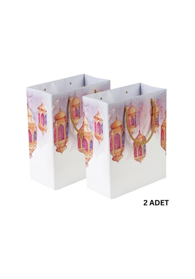 2li Ramazan Kandil Temalı Hediye Çantası, İpli Karton Çanta, İftar İkram Çantası, 20x25x12 Cm Tüm Yaşlar